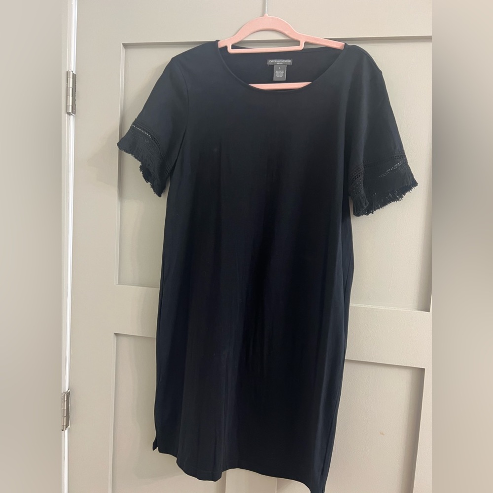 Black Cotton Tshirt Dress with Fringe Sleeve Detail Sz L